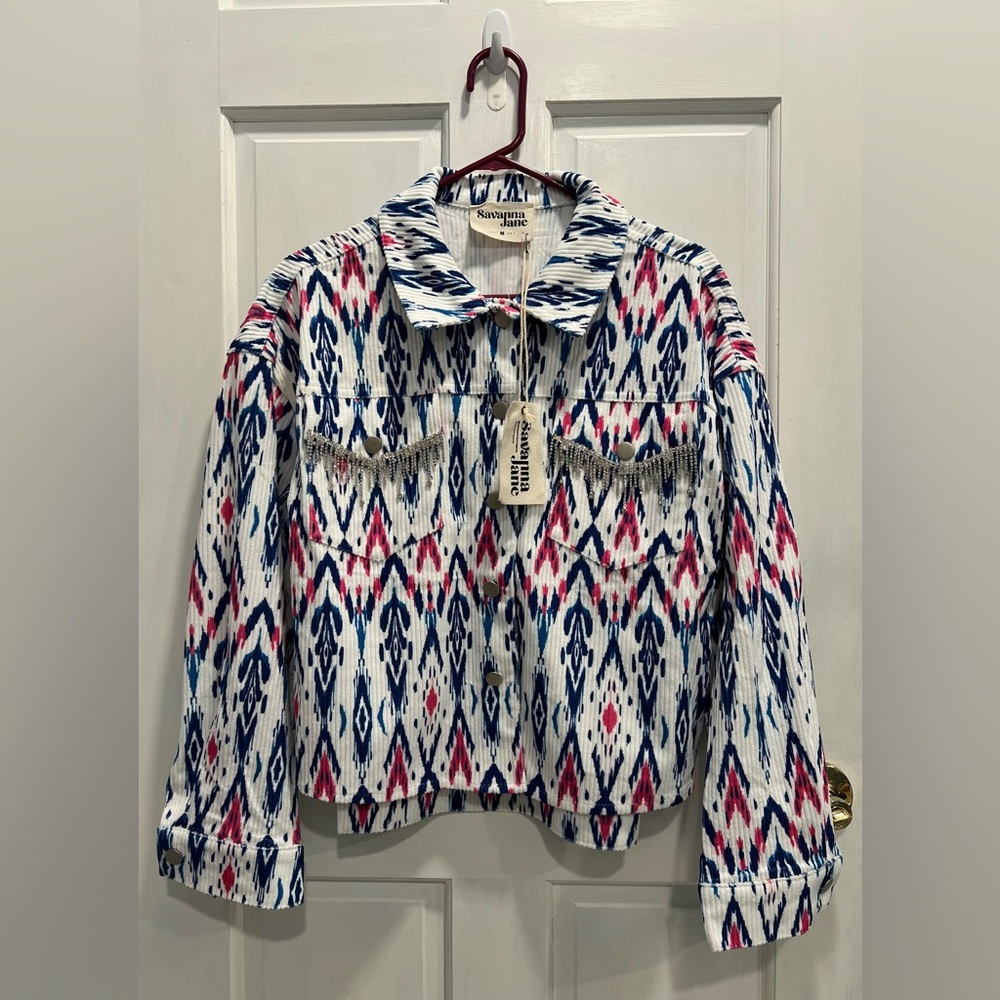 SAVANNA JANE NWT Aztec Southwest Cowgirl Rhinestone Fringe Jacket SIZE MEDIUM